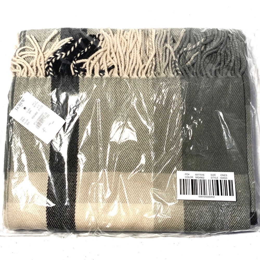 J. Crew Classic Plaid Scarf 77.5” Gray Ivory - Picture 7 of 8
